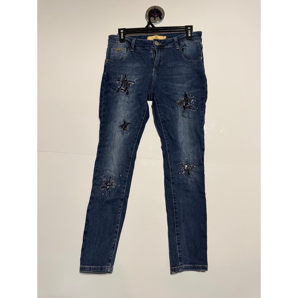 Dark Blue Skinny Jeans with Sequin Star Embellishments LIZETTE COLLECTION